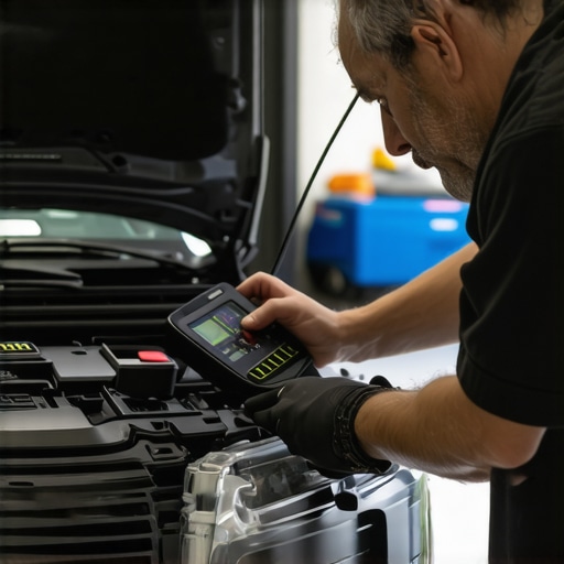 Mechanic inspecting engine with digital diagnostic tools in a well-equipped garage.