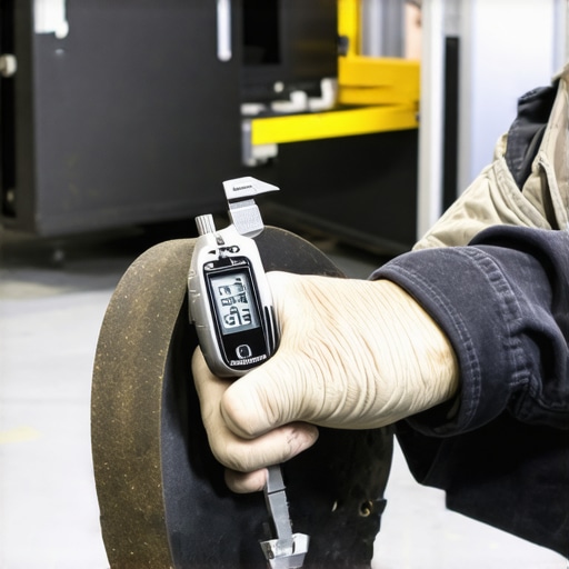 Mechanic using digital caliper to measure brake pad thickness