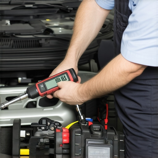 Mechanic adjusting engine bolt with torque wrench