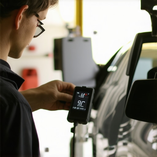Person inspecting car diagnostics with a Bluetooth OBD-II scanner in a garage.