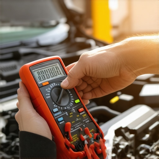 Mechanic measuring voltage with a digital multimeter under the car's hood.