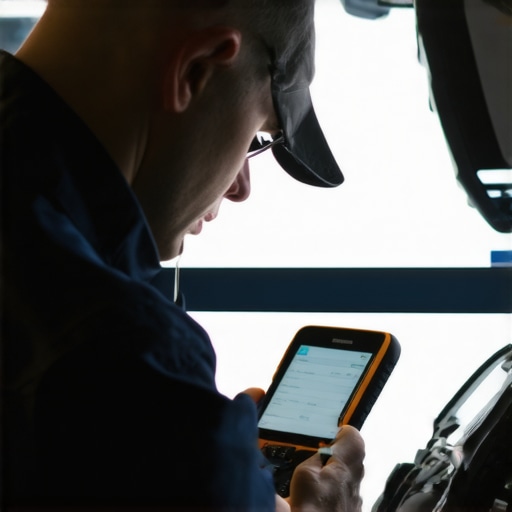 Technician diagnosing a vehicle with a professional scan tool
