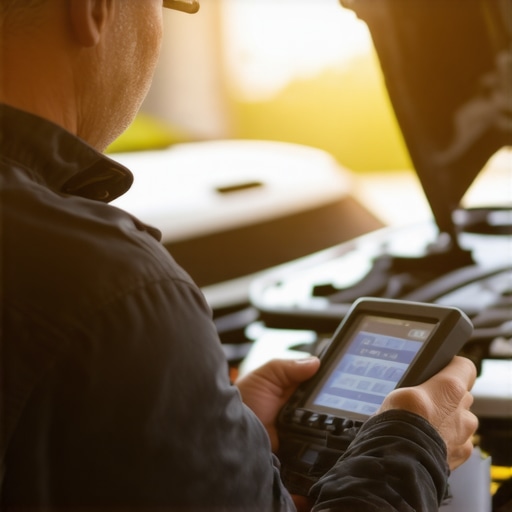 Using an OBD-II Scanner for Car Diagnostics Mechanic inspecting car with diagnostic tool in garage