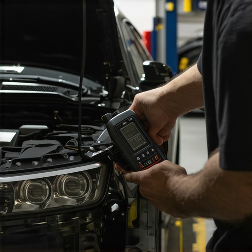 Mechanic inspecting engine diagnostics with an OBD-II scanner