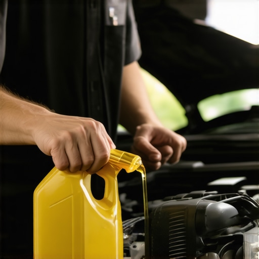 Person checking engine oil and brake fluid during car servicing.