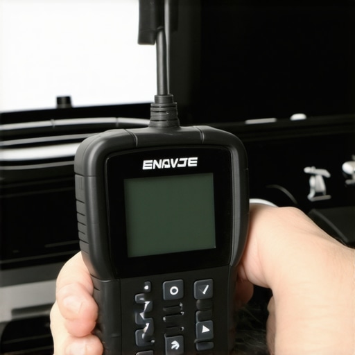 Advanced Vehicle Diagnostics Tool in Use A professional-grade OBD2 scanner connected to a vehicle for diagnostics in a garage