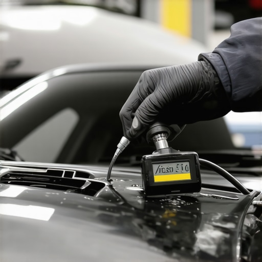 Technician calibrating car sensors with specialized equipment during repair