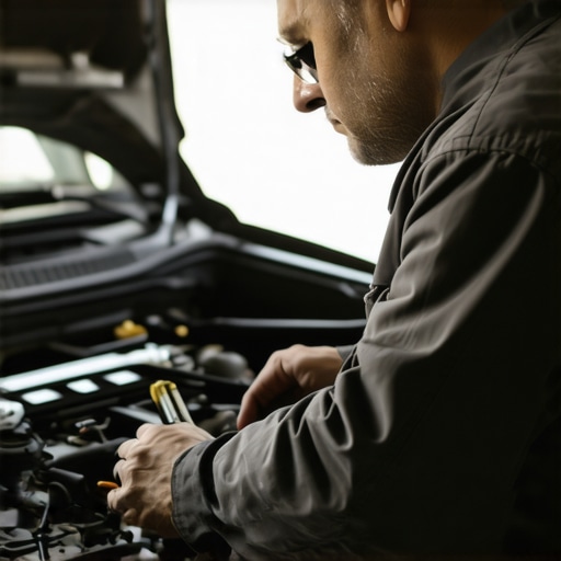 Mechanic using diagnostic scanner on a car engine