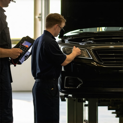 Technician using scanner on a new 2026 engine in a garage.