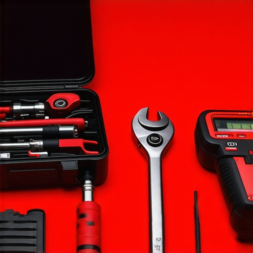 A collection of high-quality mechanic tools including diagnostic scanner, torque wrench, and brake tools arranged on a workbench