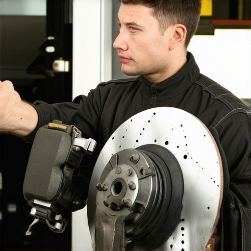 Mechanic examining brake pads and rotors during vehicle maintenance