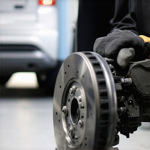 Mechanic closely inspecting brake pads and rotors during maintenance.