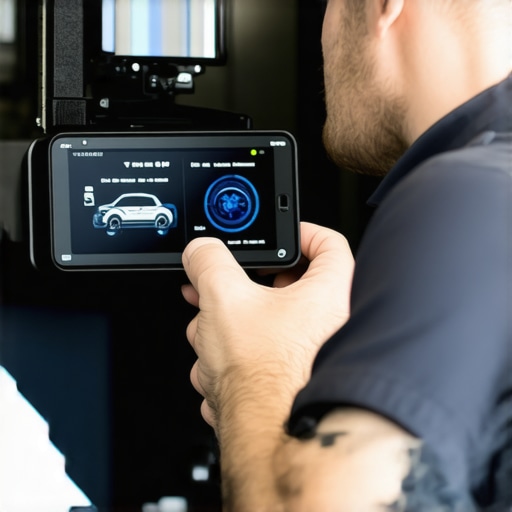 Technician calibrating HUD sensors during auto glass replacement