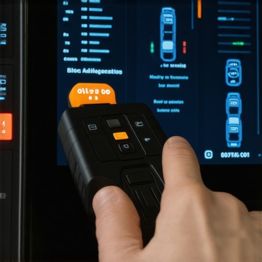 Technician checking car diagnostics with a modern scanner connected to a vehicle.