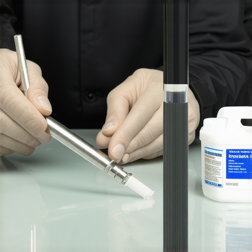 Technician repairing windshield chip with resin application